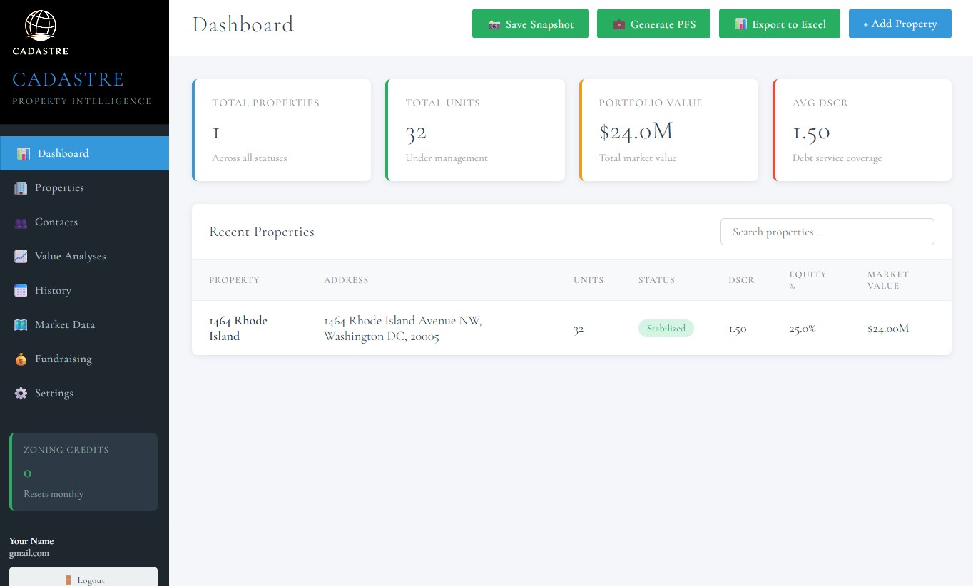 Cadastre Dashboard - Portfolio overview with pipeline management, property stats, and DSCR tracking