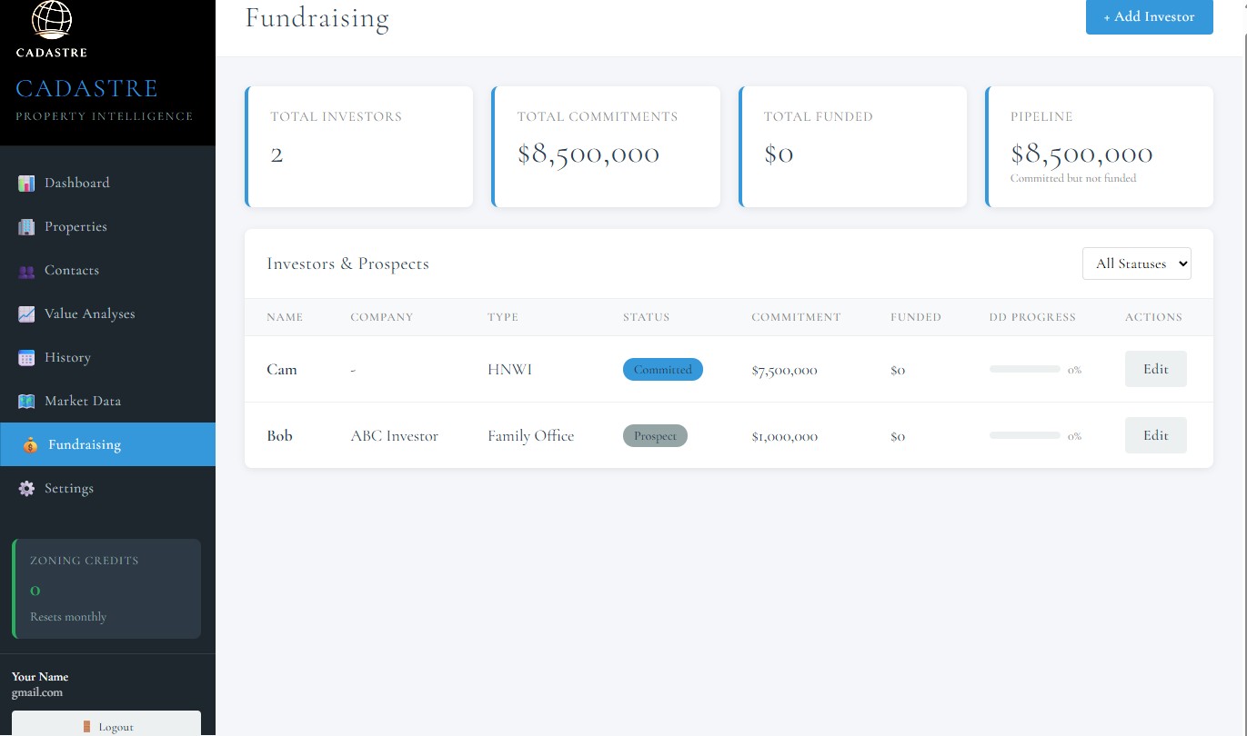 Cadastre Fundraising - Investor pipeline management with commitments, DD tracking, and communication logs