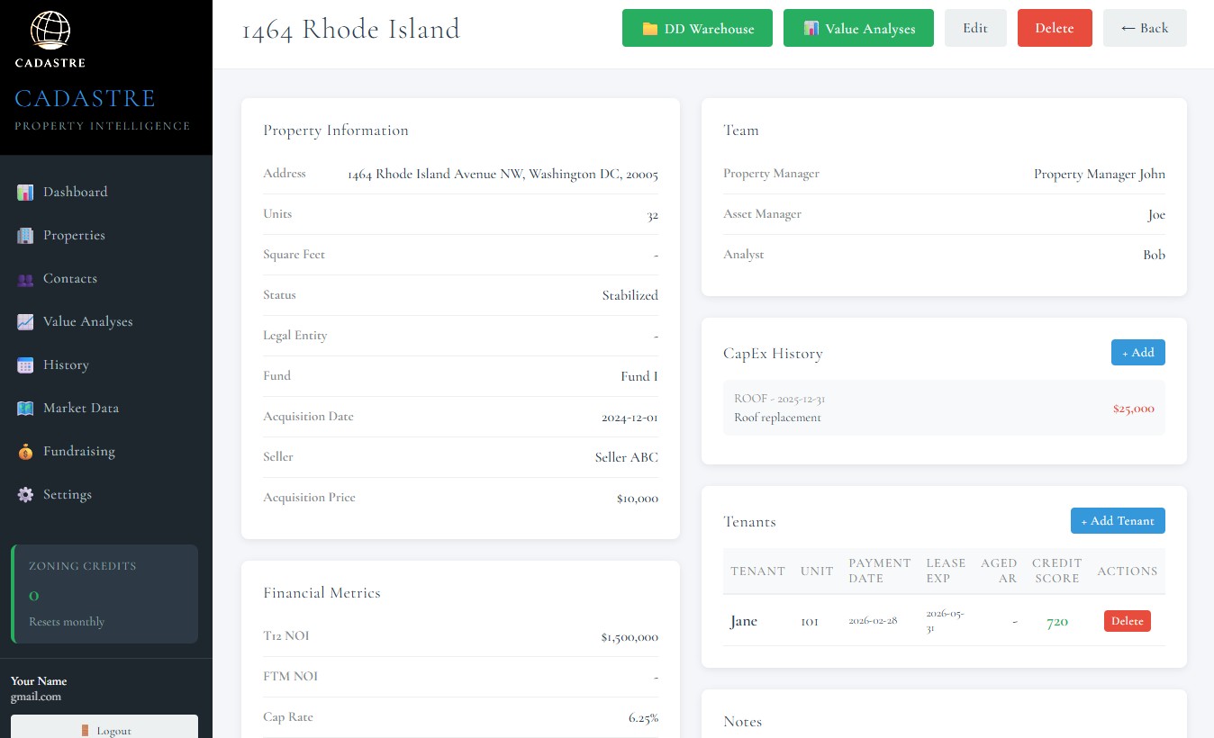 Cadastre Property Detail - 30+ financial metrics, loan info, tenant tracking, and DD warehouse